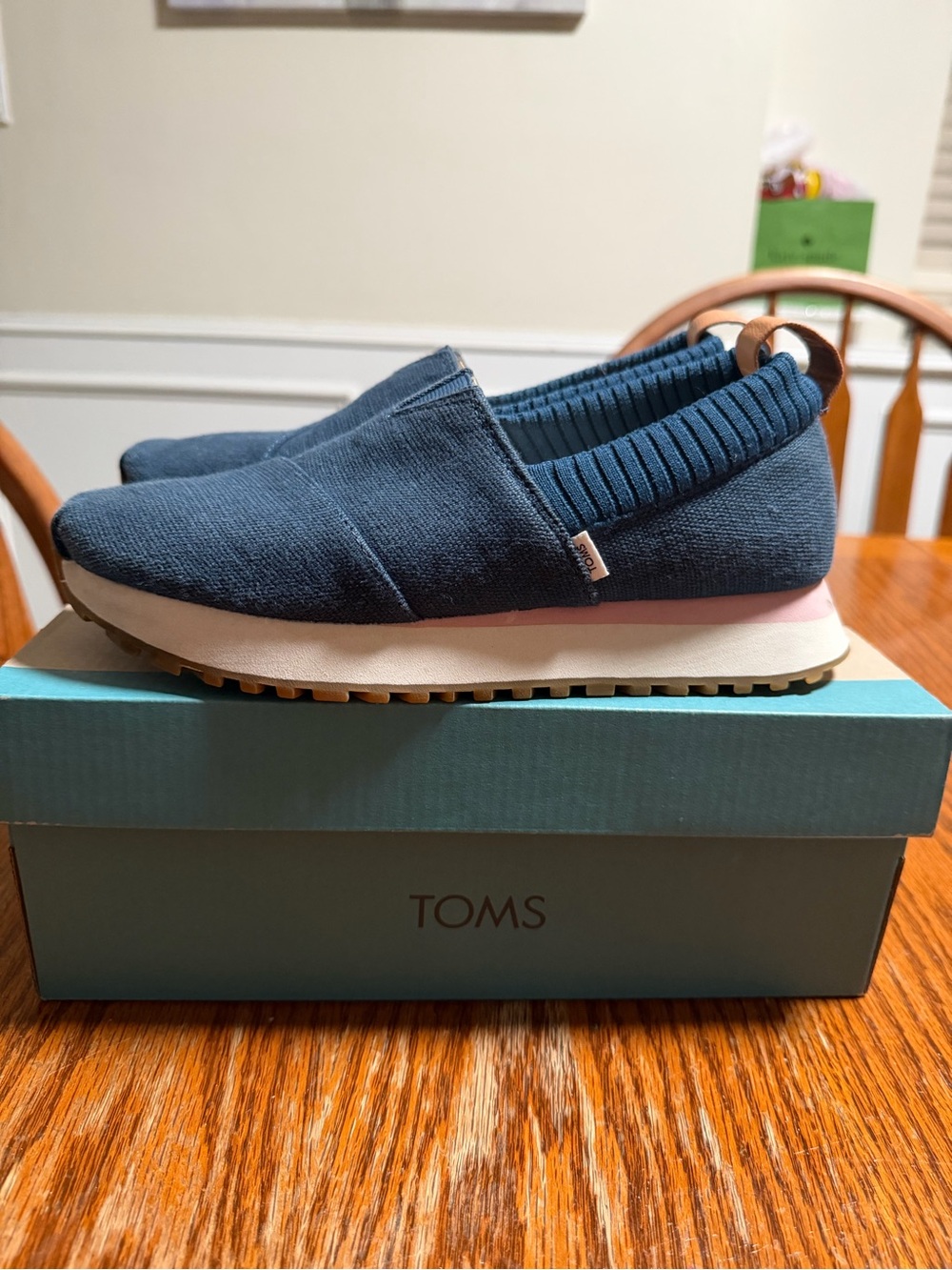 TOMS Navy Knit Slip-On with Pink Accent